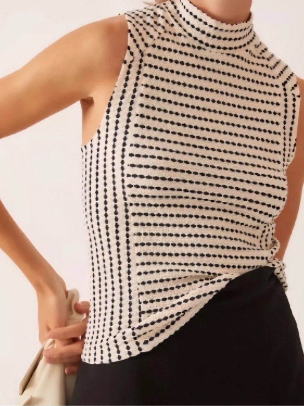 Maeve Anthropologie Textured Mock Neck Tank Top White Black Striped - Size M